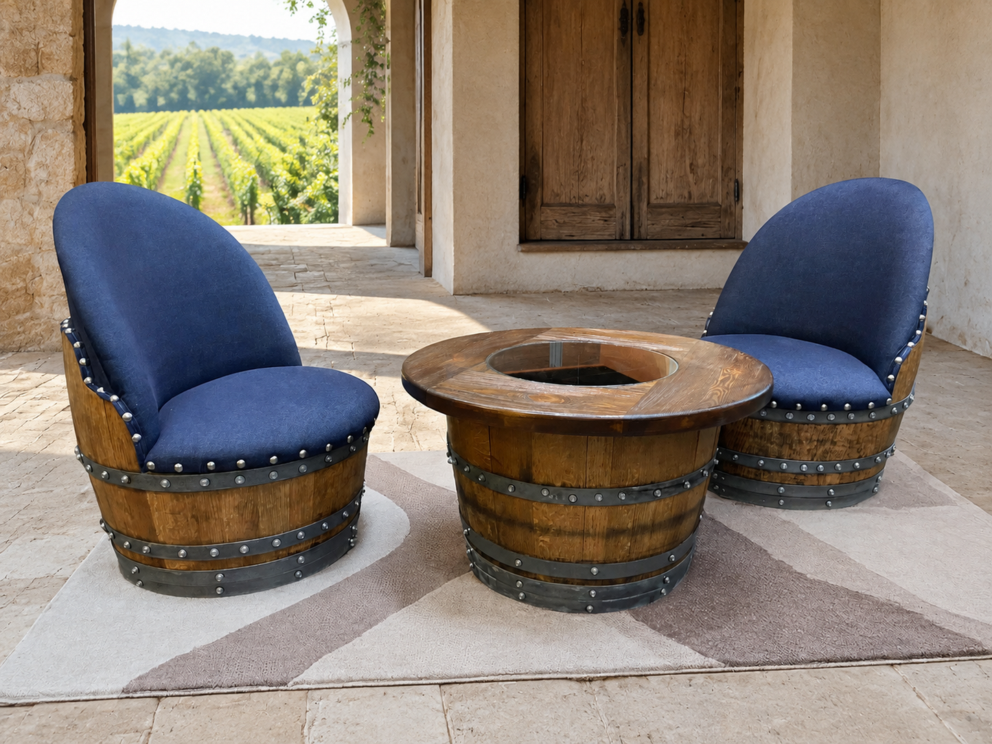 Whiskey & Wine Barrel Half-Barrel Table Set — 2 Chairs