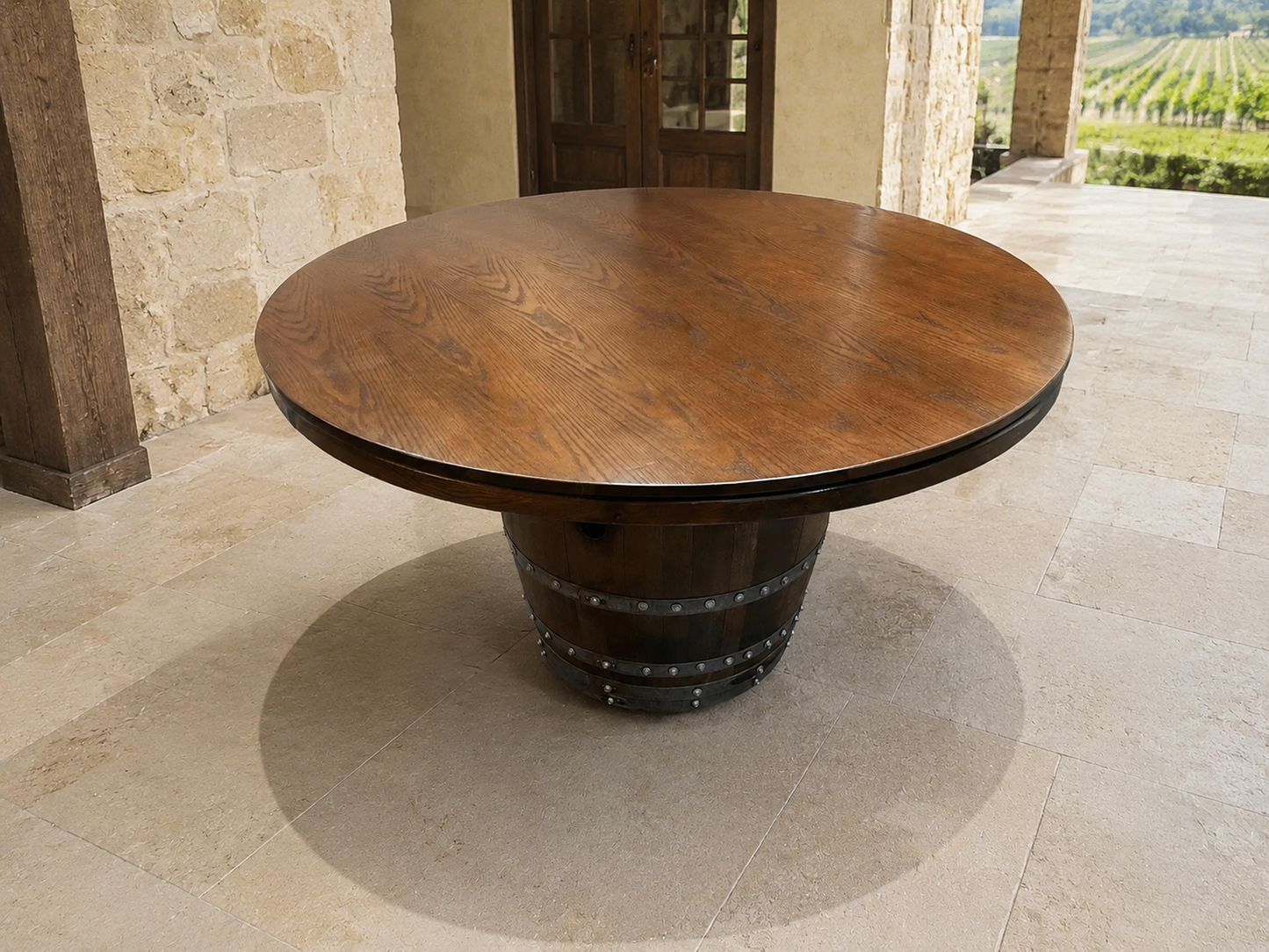 Whiskey & Wine Barrel Game Table Set — Poker and Dining Tops, 6 Chairs, Dark Navy Upholstery