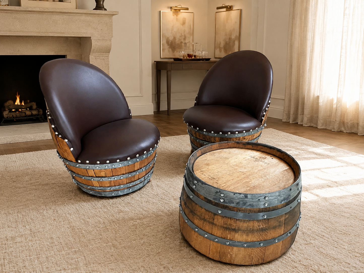 Whiskey & Wine Barrel Coffee Table Set — 2 Chairs