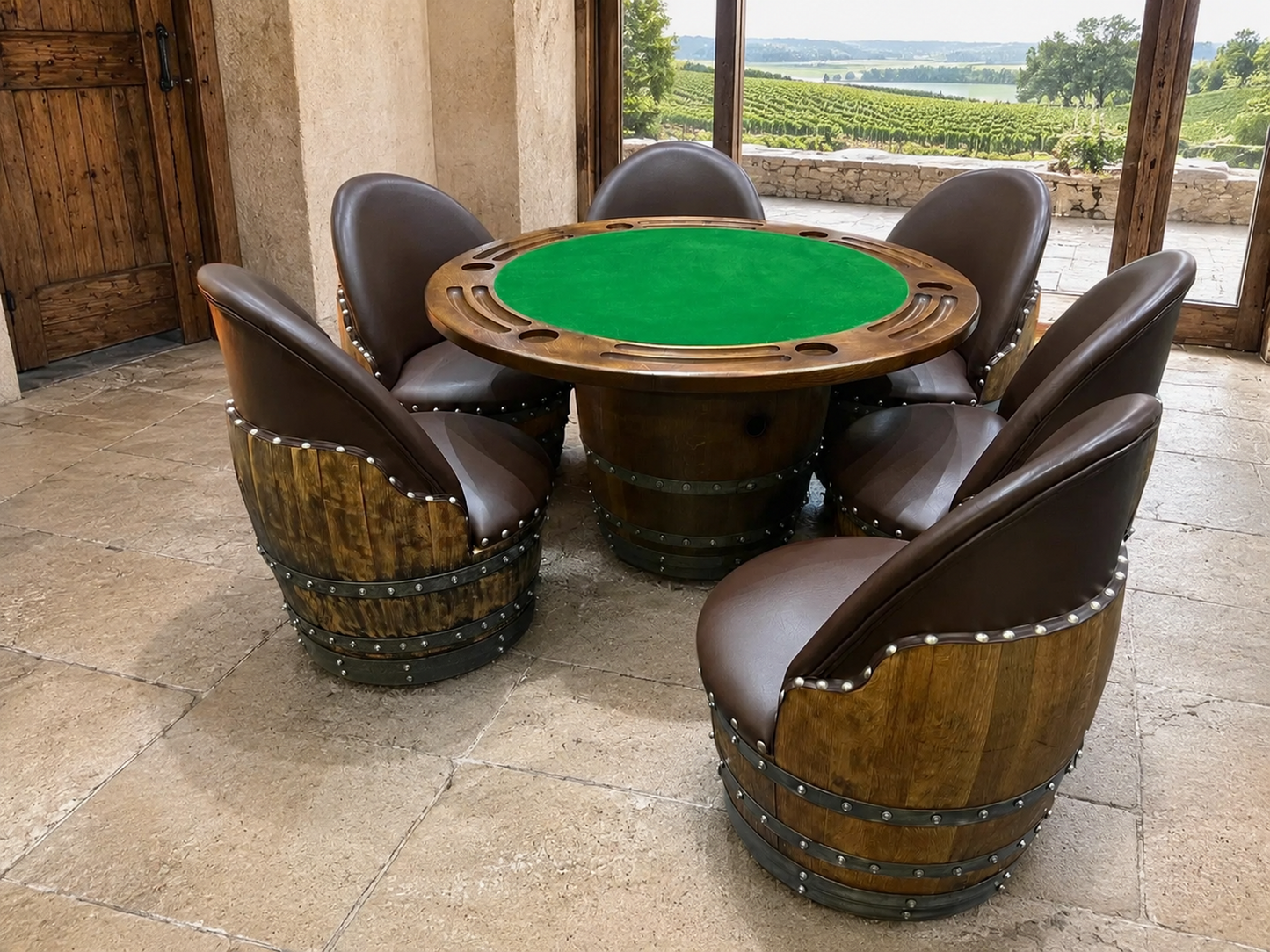 Whiskey & Wine Barrel Game Table Set — Poker Top and Dining Top Included, 6 Chairs (October Pre-Order)