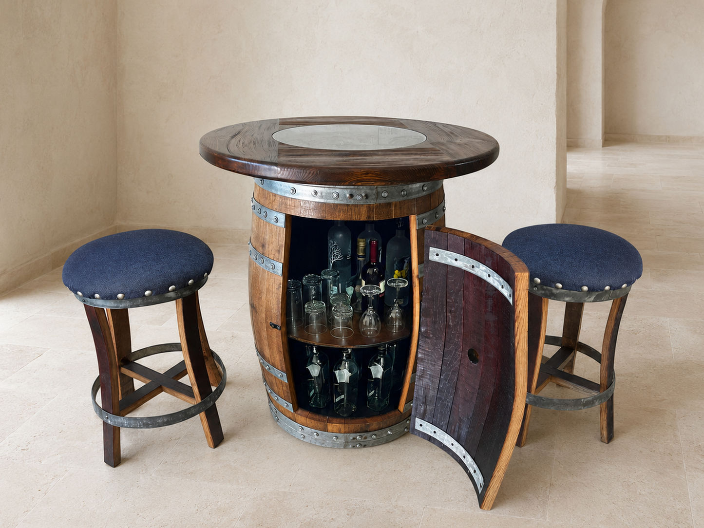 Whiskey & Wine Barrel Pub Set — Limited Colorways, Glass Top, Cabinet Storage