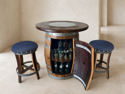 Whiskey & Wine Barrel Pub Set — Limited Colorways, Glass Top, Cabinet Storage
