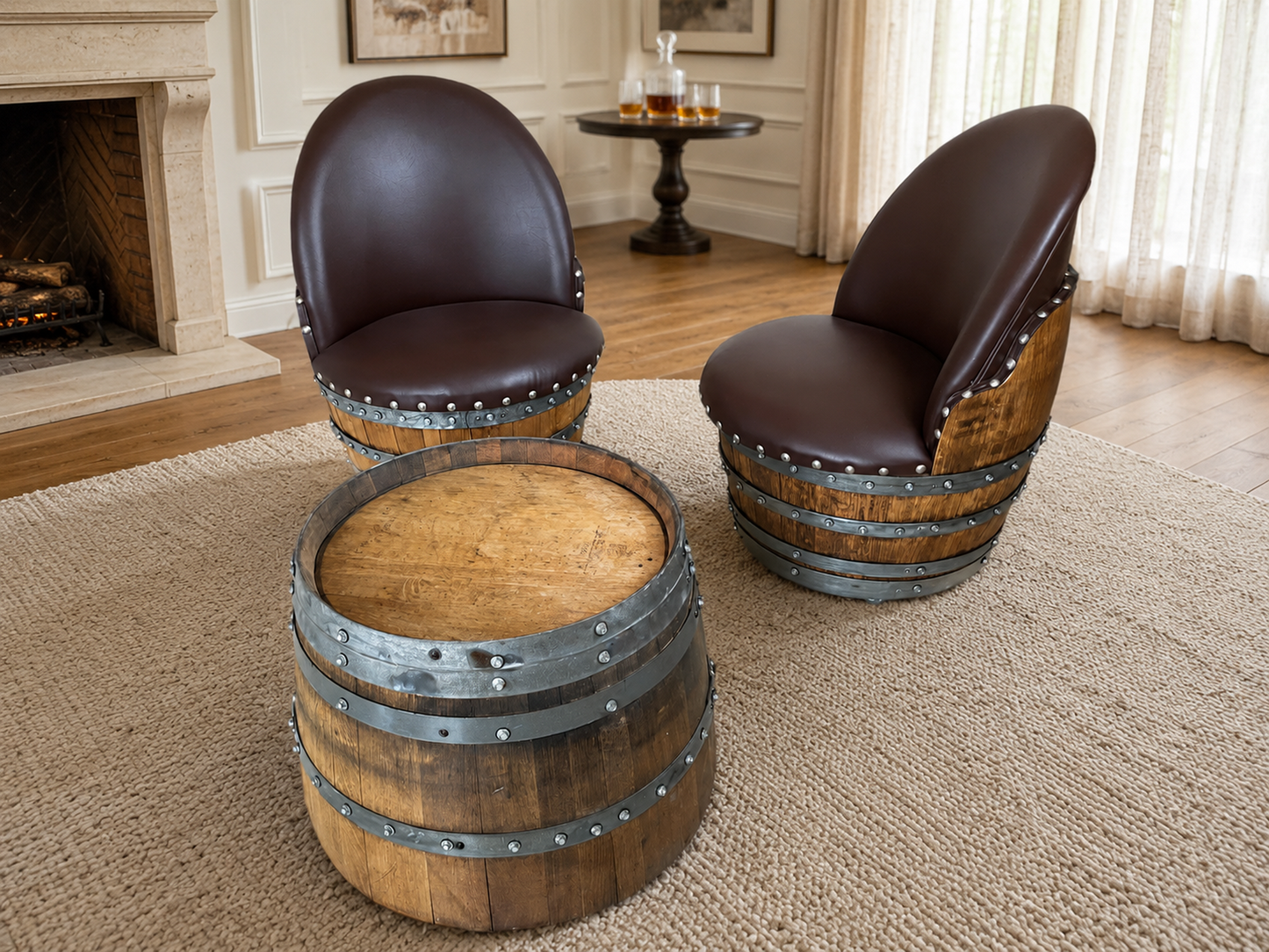 Whiskey & Wine Barrel Coffee Table Set — 2 Chairs