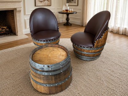Whiskey & Wine Barrel Coffee Table Set — 2 Chairs