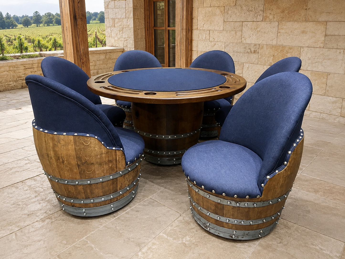 Whiskey & Wine Barrel Game Table Set — Poker and Dining Tops, 6 Chairs, Dark Navy Upholstery