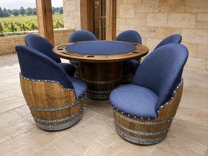 Whiskey & Wine Barrel Game Table Set — Poker and Dining Tops, 6 Chairs, Dark Navy Upholstery