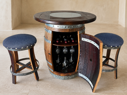 Whiskey & Wine Barrel Pub Set — Limited Colorways, Glass Top, Cabinet Storage