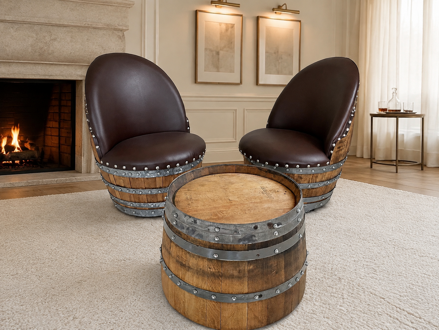 Whiskey & Wine Barrel Coffee Table Set — 2 Chairs