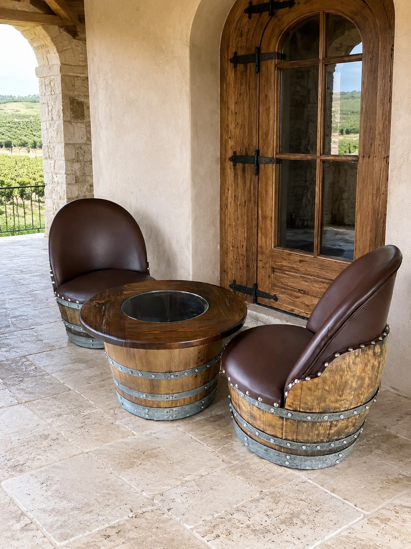 Whiskey & Wine Barrel Half-Barrel Table Set — 2 Chairs