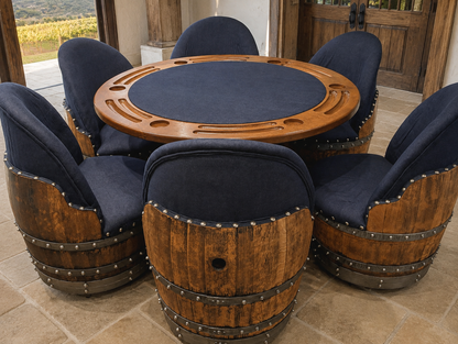 Whiskey & Wine Barrel Game Table Set — Poker and Dining Tops, 6 Chairs, Dark Navy Upholstery