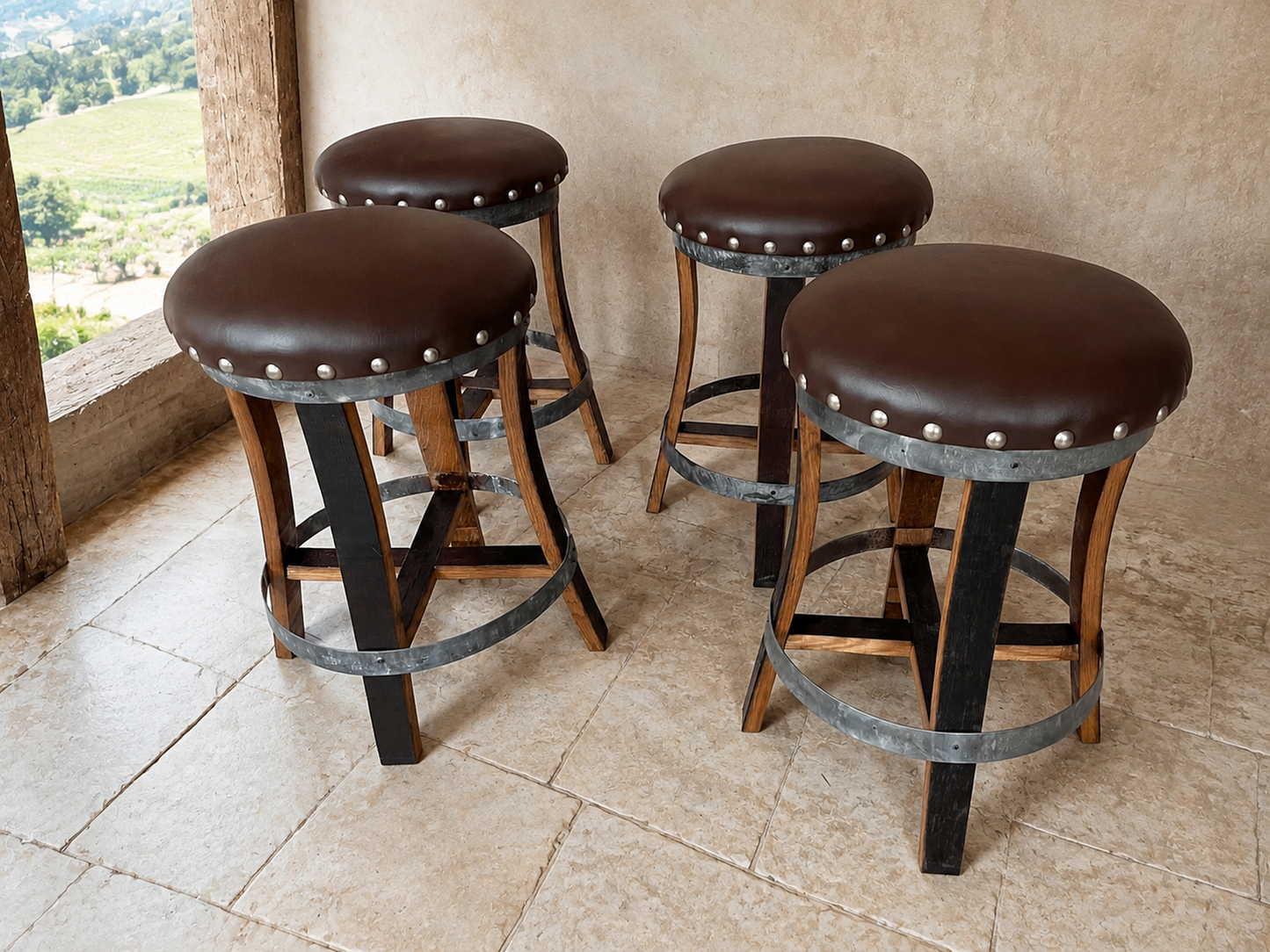 Whiskey & Wine Barrel Home Bar Set #1 — Bar Cabinet, Pub Table & Stools