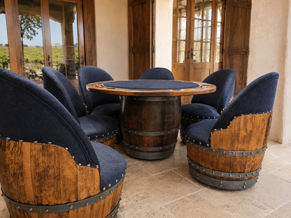 Whiskey & Wine Barrel Game Table Set — Poker and Dining Tops, 6 Chairs, Dark Navy Upholstery