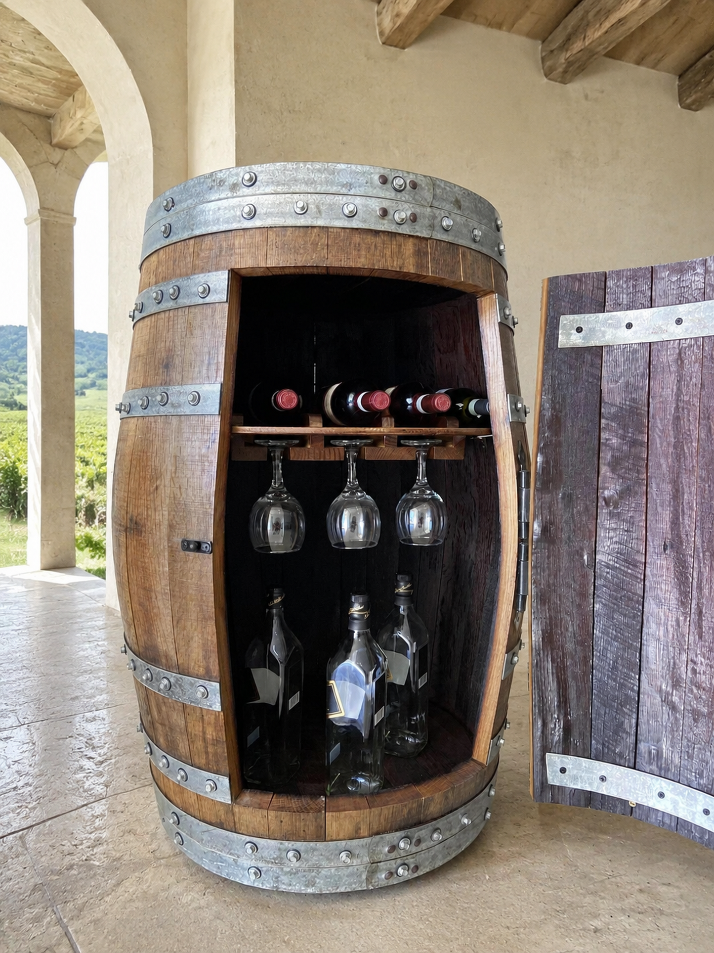 Whiskey & Wine Barrel Home Bar Set #2 — Bar Cabinet, Pub Table & Stools