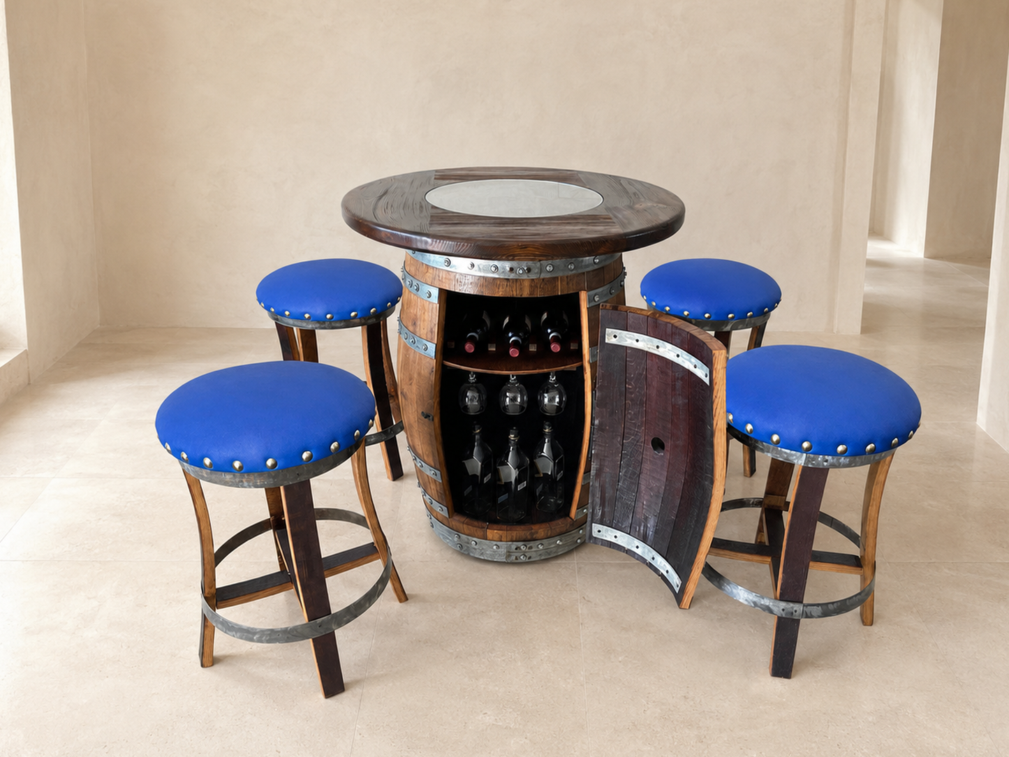 Whiskey & Wine Barrel Pub Set — Limited Colorways, Glass Top, Cabinet Storage