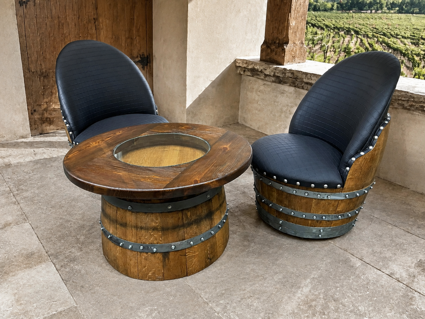 Whiskey & Wine Barrel Half-Barrel Table Set — 2 Chairs