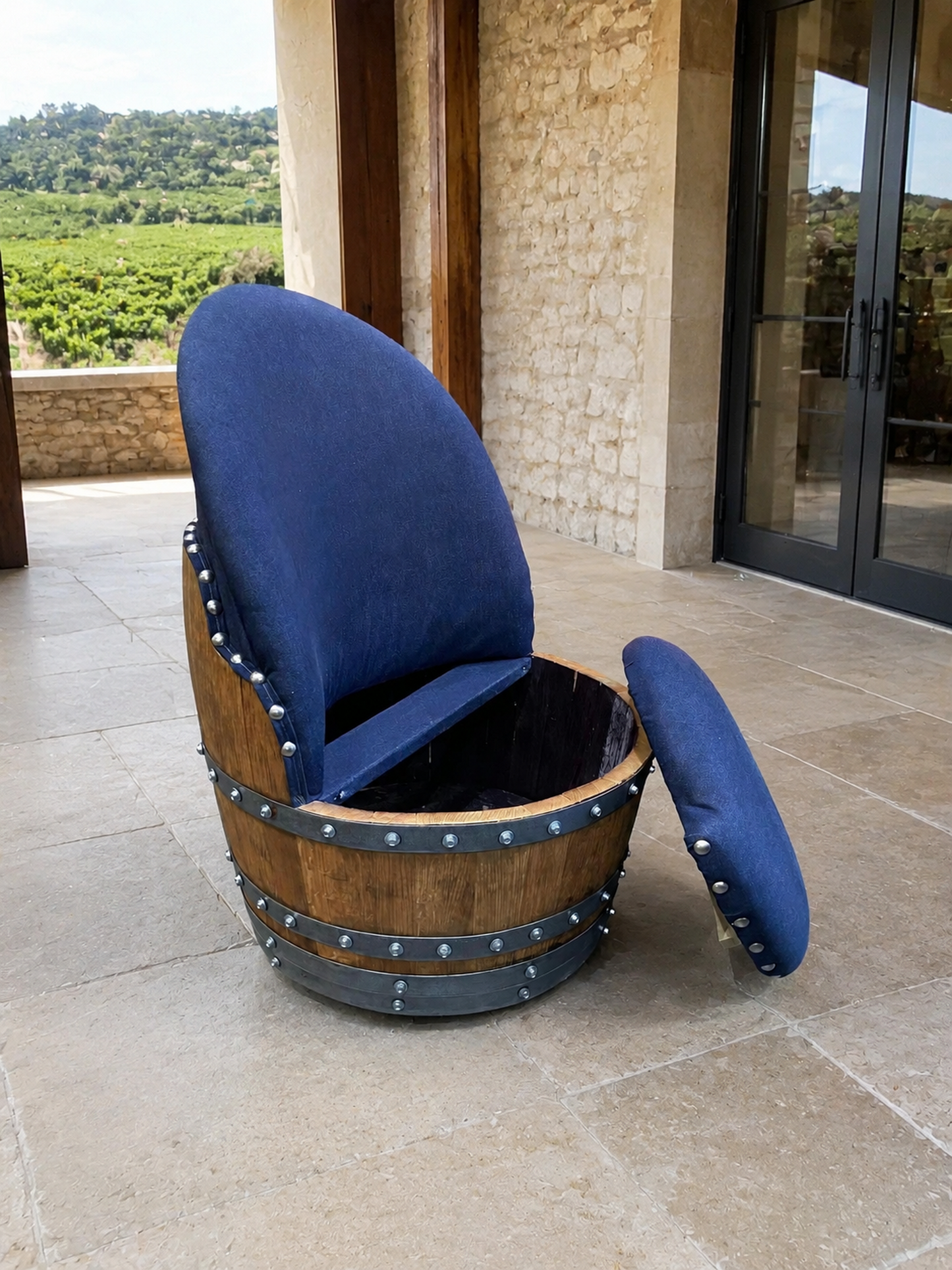 Whiskey & Wine Barrel Game Table Set — Poker and Dining Tops, 6 Chairs, Dark Navy Upholstery