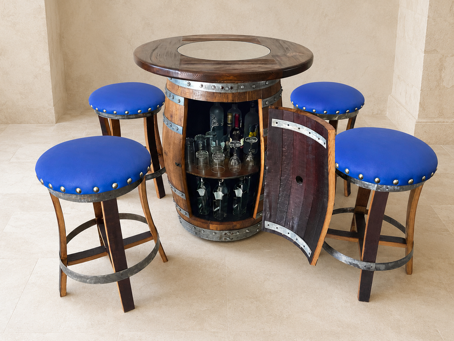 Whiskey & Wine Barrel Pub Set — Limited Colorways, Glass Top, Cabinet Storage
