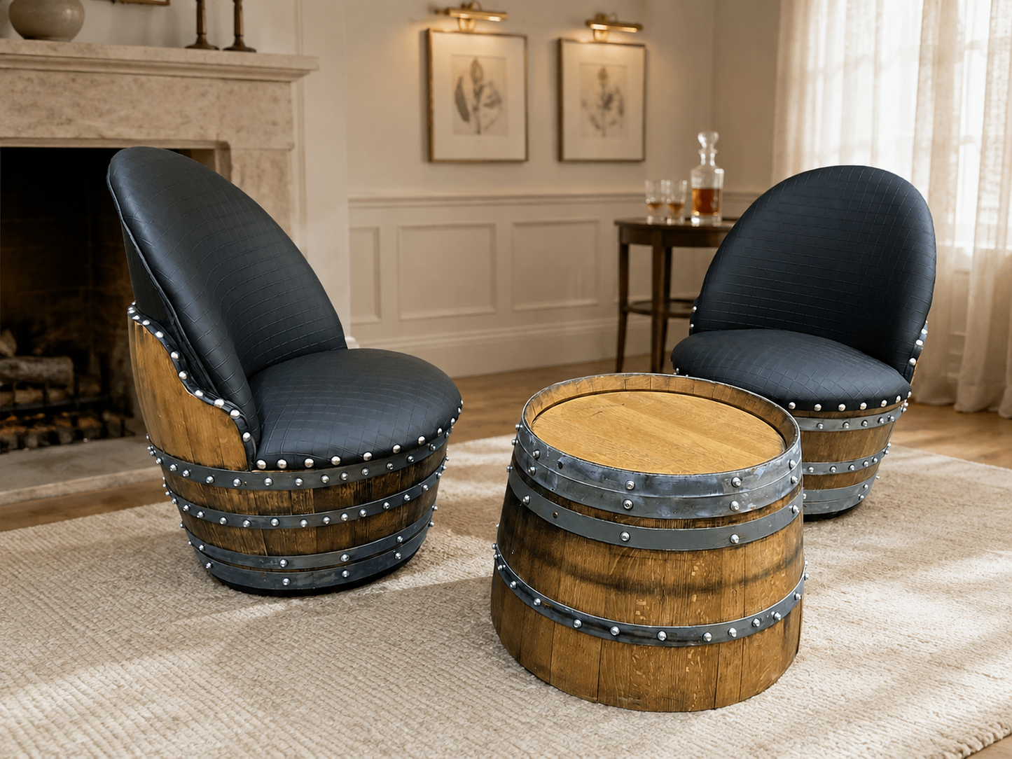 Whiskey & Wine Barrel Coffee Table Set — 2 Chairs