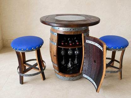 Whiskey & Wine Barrel Pub Set — Limited Colorways, Glass Top, Cabinet Storage