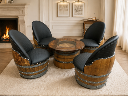 Whiskey & Wine Barrel Coffee Table Set — Full Round Table, 4 Chairs