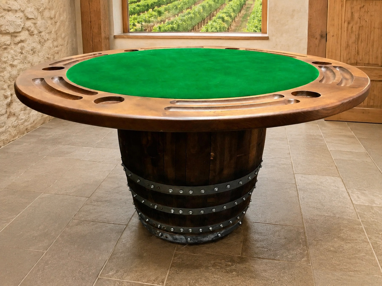 Whiskey & Wine Barrel Game Table Set — Poker Top and Dining Top Included, 6 Chairs (October Pre-Order)