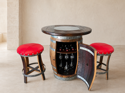 Whiskey & Wine Barrel Pub Set — Limited Colorways, Glass Top, Cabinet Storage