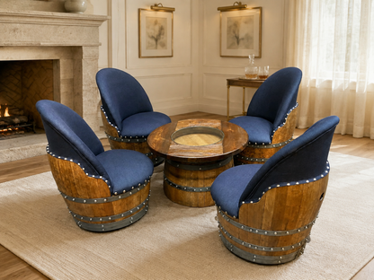 Whiskey & Wine Barrel Coffee Table Set — Full Round Table, 4 Chairs