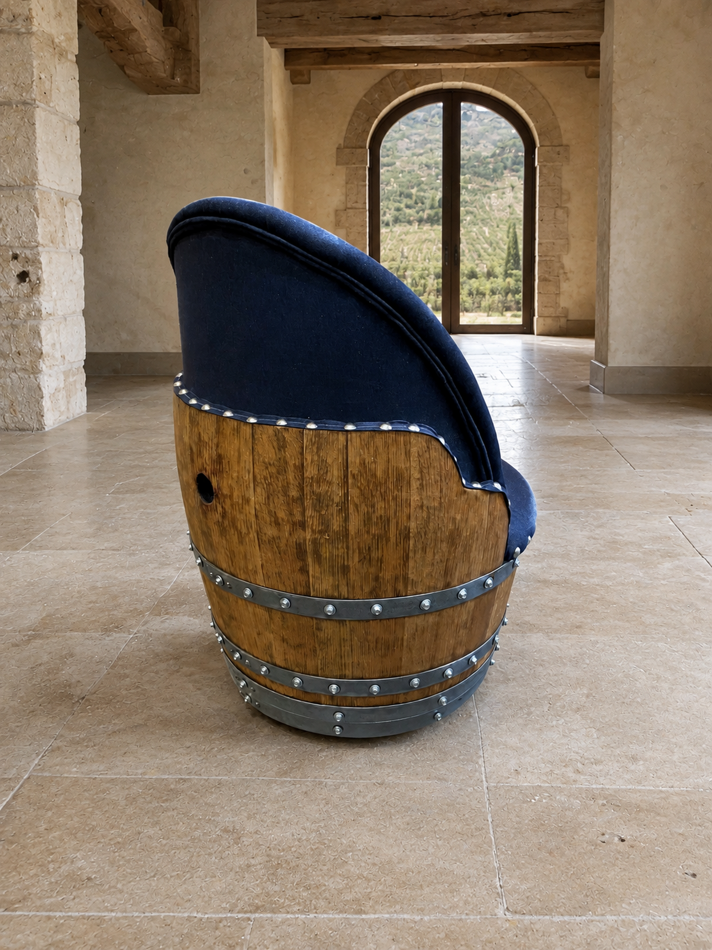 Whiskey & Wine Barrel Game Table Set — Poker and Dining Tops, 6 Chairs, Dark Navy Upholstery