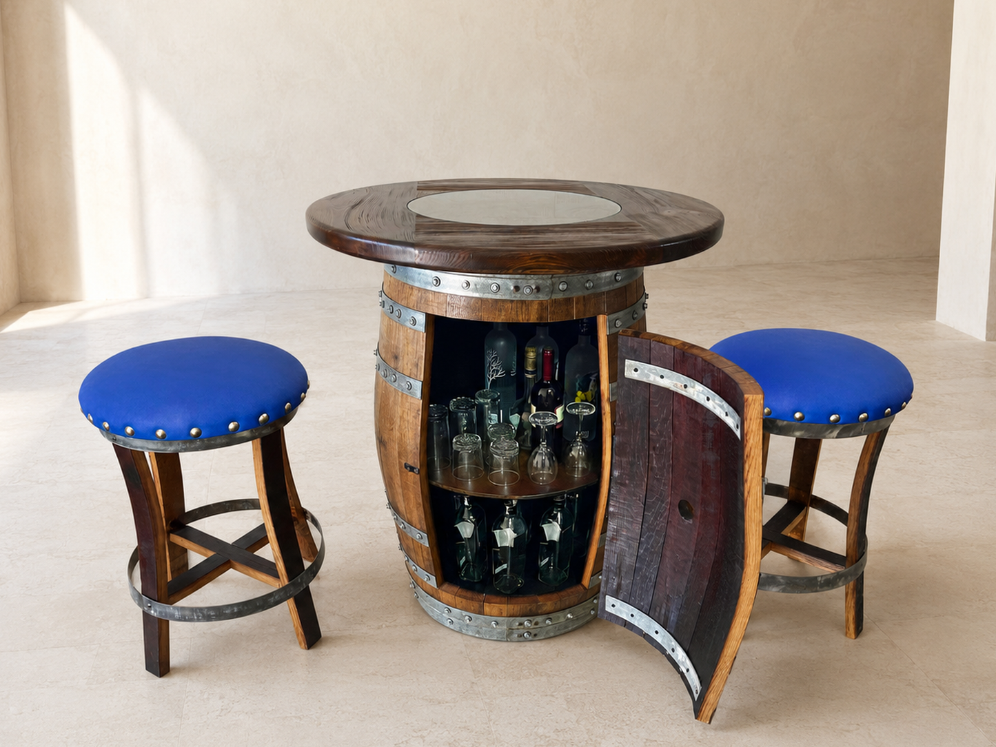 Whiskey & Wine Barrel Pub Set — Limited Colorways, Glass Top, Cabinet Storage