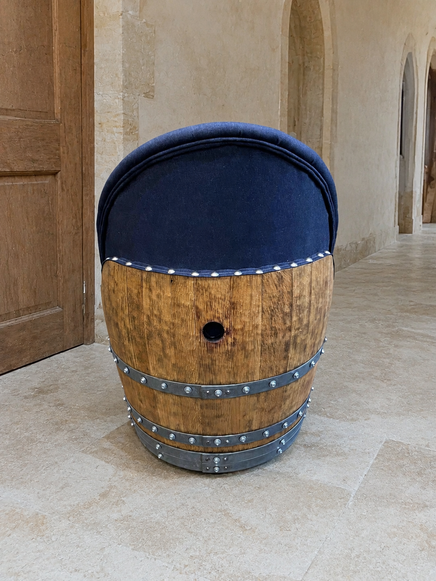 Whiskey & Wine Barrel Game Table Set — Poker and Dining Tops, 6 Chairs, Dark Navy Upholstery