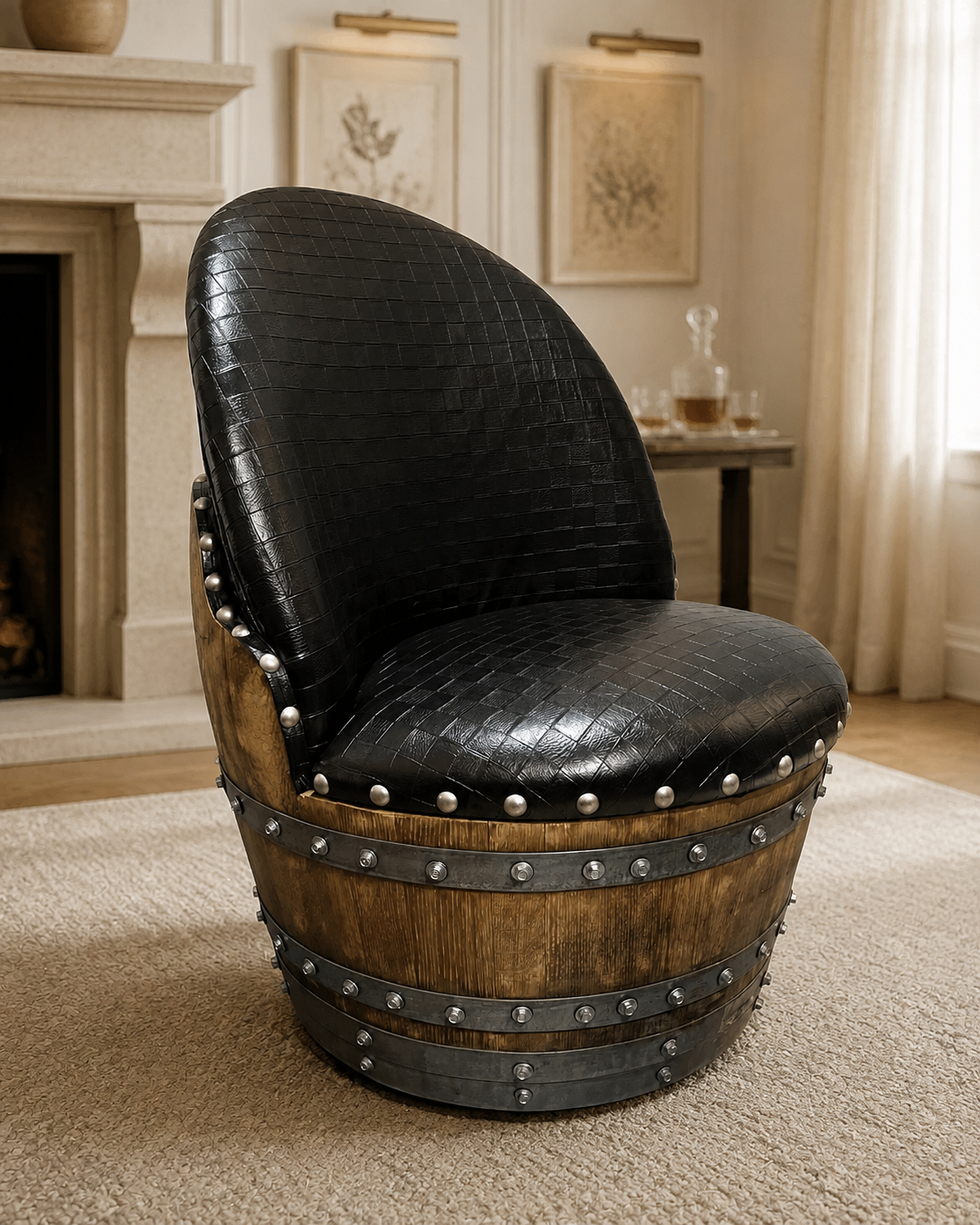 Whiskey & Wine Barrel Coffee Table Set — Full Round Table, 4 Chairs