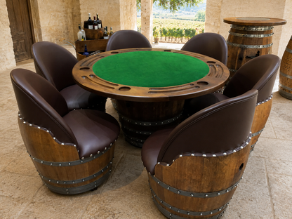 Whiskey & Wine Barrel Game Table Set — Poker Top and Dining Top Included, 6 Chairs (October Pre-Order)