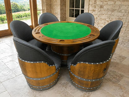 Whiskey & Wine Barrel Game Table Set — Poker Top and Dining Top Included, 6 Chairs (October Pre-Order)