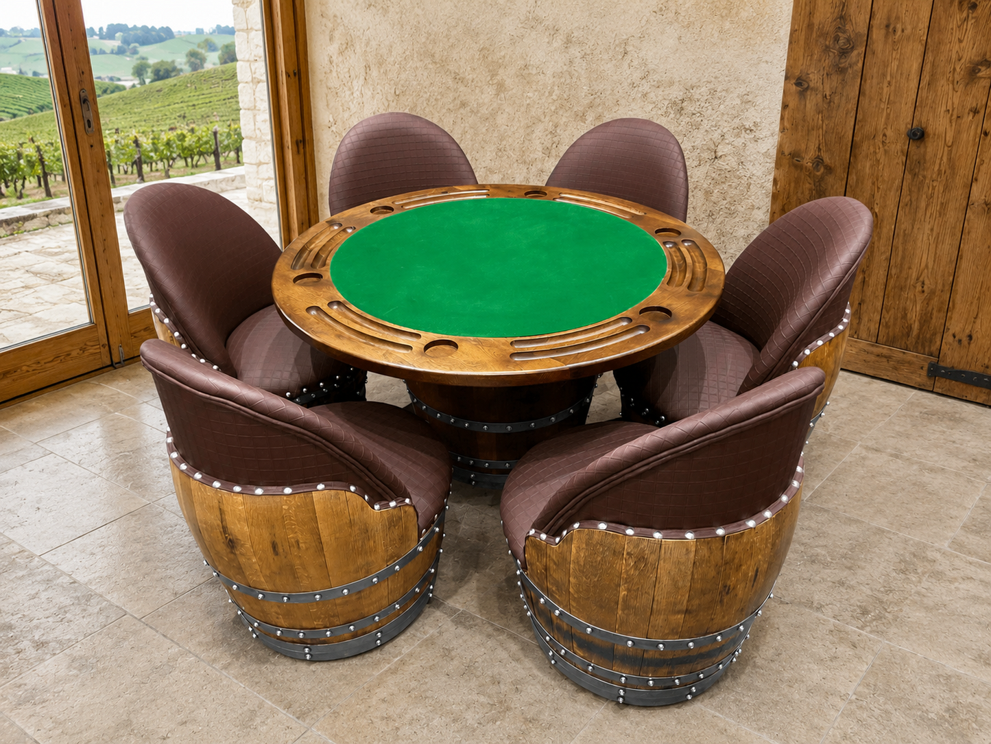 Whiskey & Wine Barrel Game Table Set — Poker Top and Dining Top Included, 6 Chairs (October Pre-Order)