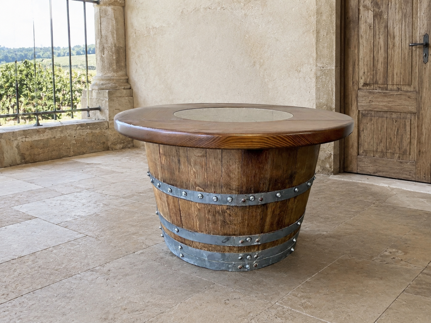 Whiskey & Wine Barrel Half-Barrel Table Set — 2 Chairs