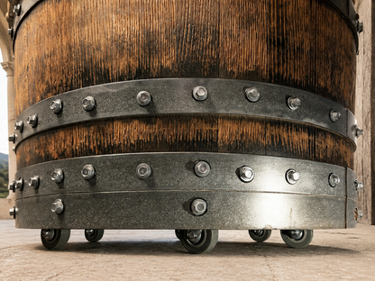 Whiskey & Wine Barrel Game Table Set — Poker and Dining Tops, 6 Chairs, Dark Navy Upholstery