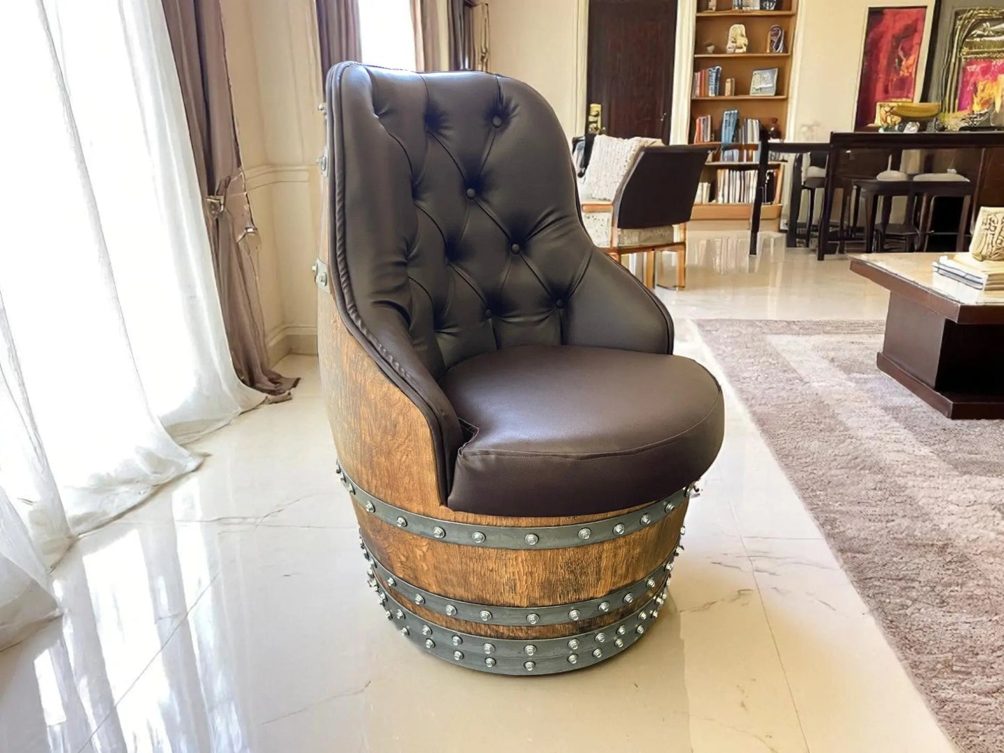 Luxury Whiskey & Wine Barrel Captain Chair — Memory Foam, Brown Upholstery (October Pre-Order)