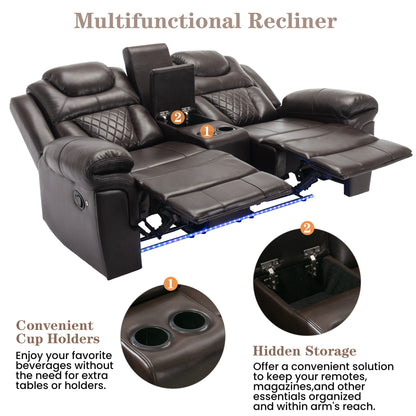 3 Pieces Recliner Sofa Sets Home Theater Seating Manual Recliner Chair & Center Console And LED Light Strip For Living Room - Brown