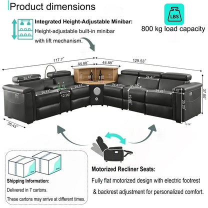 5-Seater Air Leather L-Shaped Powered Recliner Sofa Set with Motorized Lift Cabinet