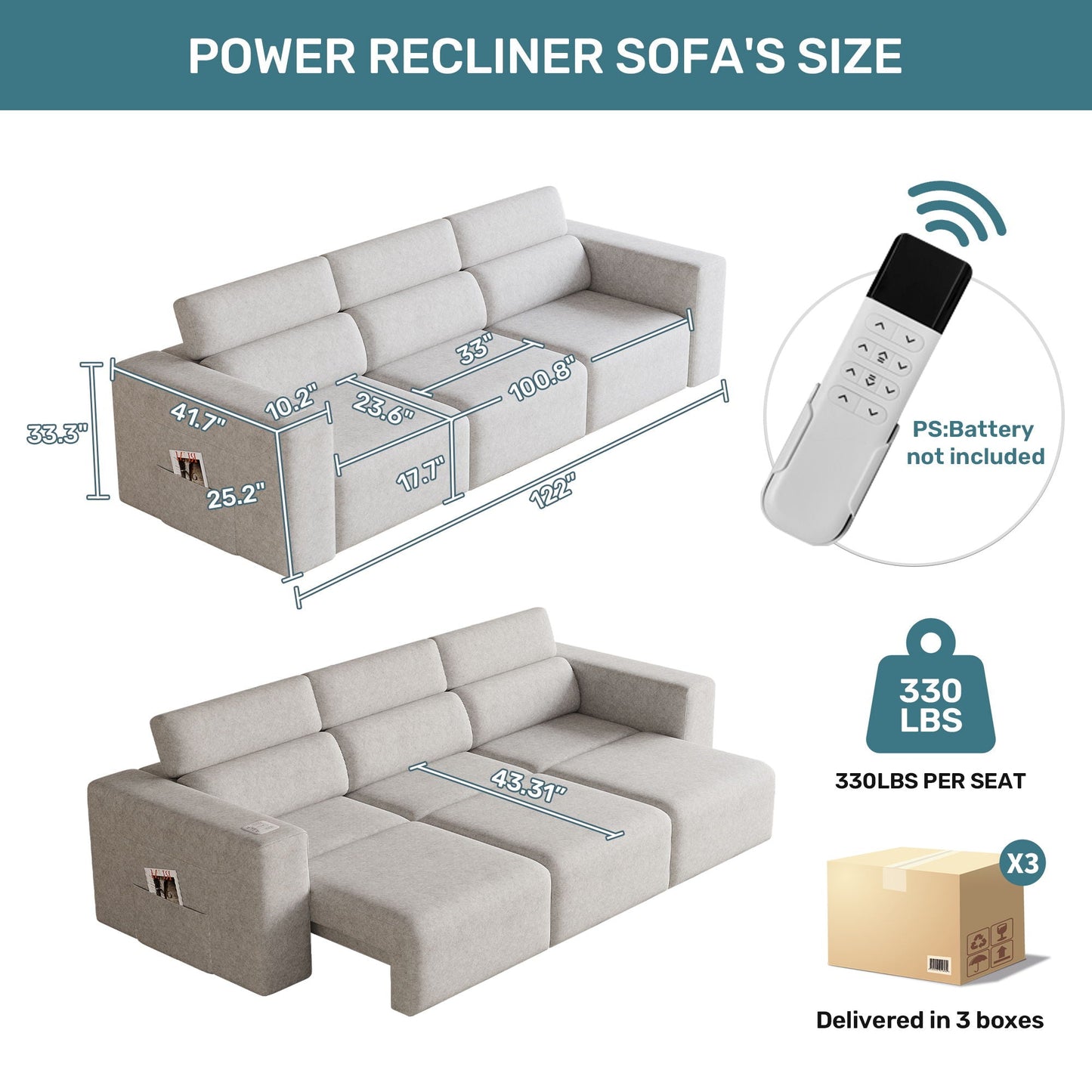 3 Seater Power Recliner Sofa With Wireless Charging And Remote Control