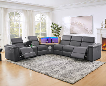 5-Seater Air Leather L-Shaped Powered Recliner Sofa Set with Motorized Lift Cabinet