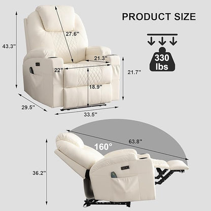 Power Recliner Chair with Heat and Massage, PU Leather Home Theater Seating with LED Lights/Cup Holders/Side Pocket/USB Port, Reclining Sofa Chair for Living Room (1, Beige)