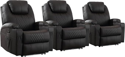 Power Recliner Chair with Heat and Massage, PU Leather Home Theater Seating with LED Lights/Cup Holders/Side Pocket/USB Port, Reclining Sofa Chair for Living Room(3, Brown)