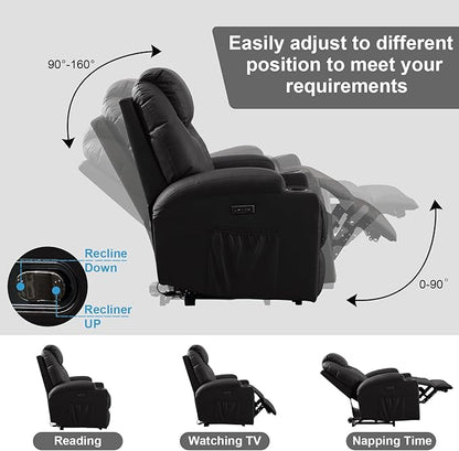 Power Recliner Chair with Heat and Massage, PU Leather Home Theater Seating with LED Lights/Cup Holders/Side Pocket/USB Port, Reclining Sofa Chair for Living Room (3, Black)
