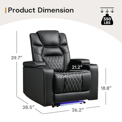 ANJ Power Home Theater Recliner Chair Set of 3, Electric Movie Theater Seating Reclining Chairs with Cup Holders for Living Room, Faux Leather with Blue LED, USB Ports, Hidden Arm Storage (Black)