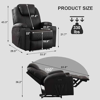 Power Recliner Chair with Heat and Massage, PU Leather Home Theater Seating with LED Lights/Cup Holders/Side Pocket/USB Port, Reclining Sofa Chair for Living Room (1, Brown)