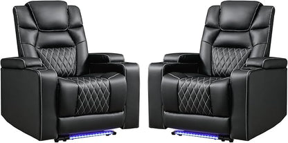 ANJ Power Home Theater Recliner Chair Set of 2, Electric Movie Theater Seating Reclining Chairs with Cup Holders for Living Room, Faux Leather with Blue LED, USB Ports, Hidden Arm Storage (Black)