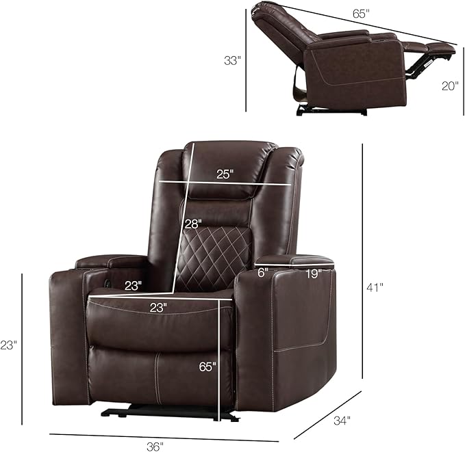 CANMOV Electric Power Recliner Chair Set of 3, Breathable Leather Home Theater Seating with Hidden Arm Storage, Power Recliner Chair with USB Ports and Cup Holders for Living Room,Red Brown