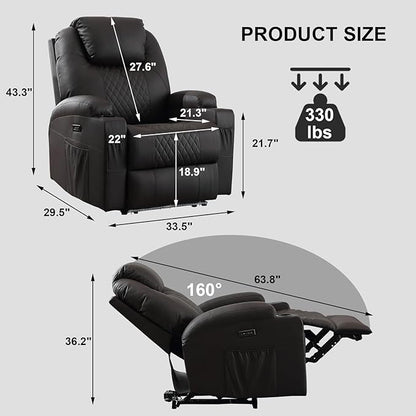 Power Recliner Chair with Heat and Massage, PU Leather Home Theater Seating with LED Lights/Cup Holders/Side Pocket/USB Port, Reclining Sofa Chair for Living Room(2, Brown)