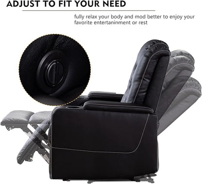 CANMOV Electric Power Recliner Chair with USB Ports and Cup Holders, Breathable Leather Home Theater Seating with Hidden Arm Storage (Black)
